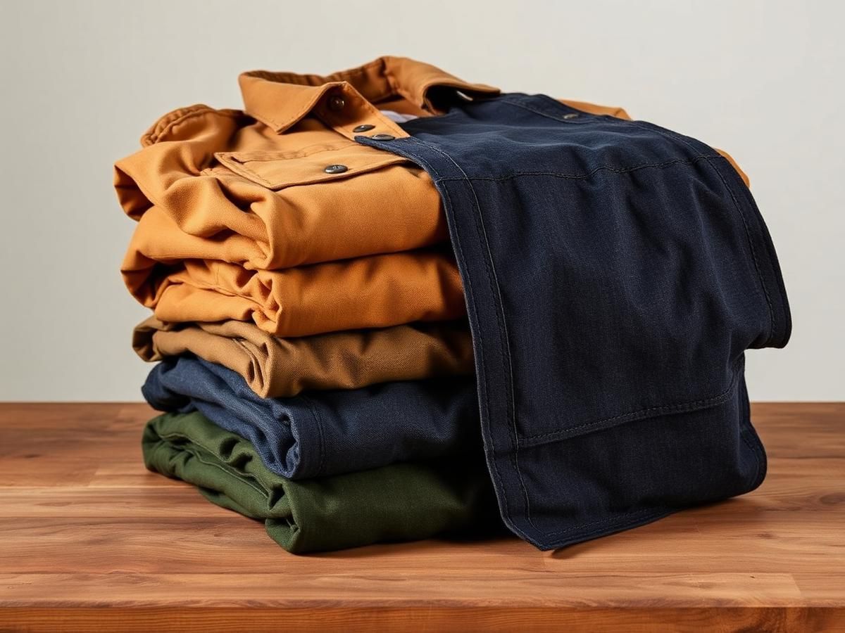Folded canvas work jackets and denim aprons