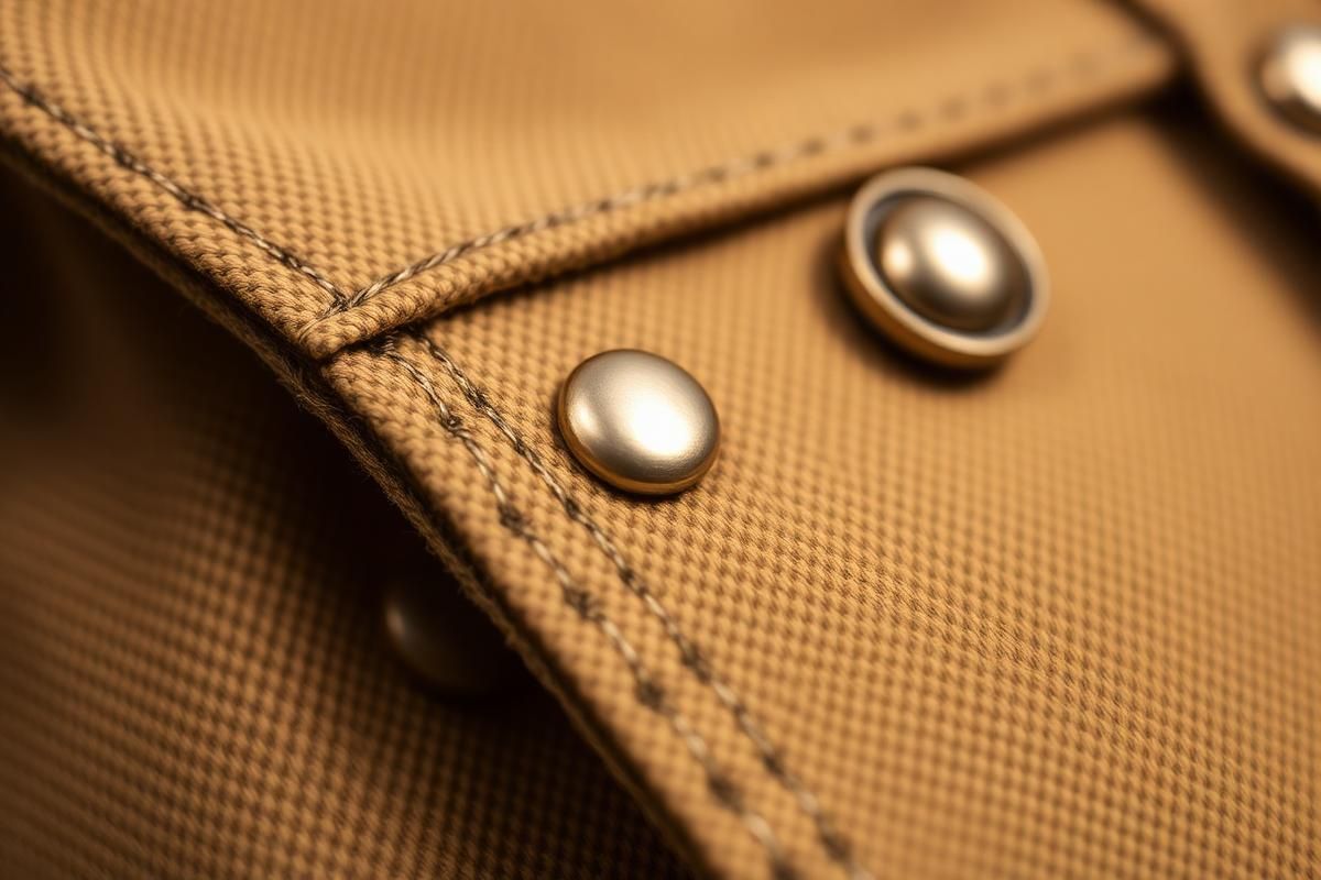 Close-up of triple-stitched canvas seam with brass hardware